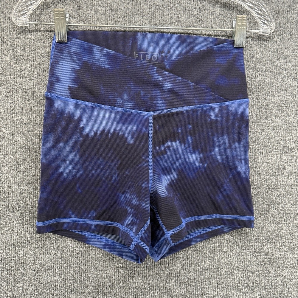 FLEO Shorts Womens S Blue Tie Dye Biker Crossover Waist Running Workout Active